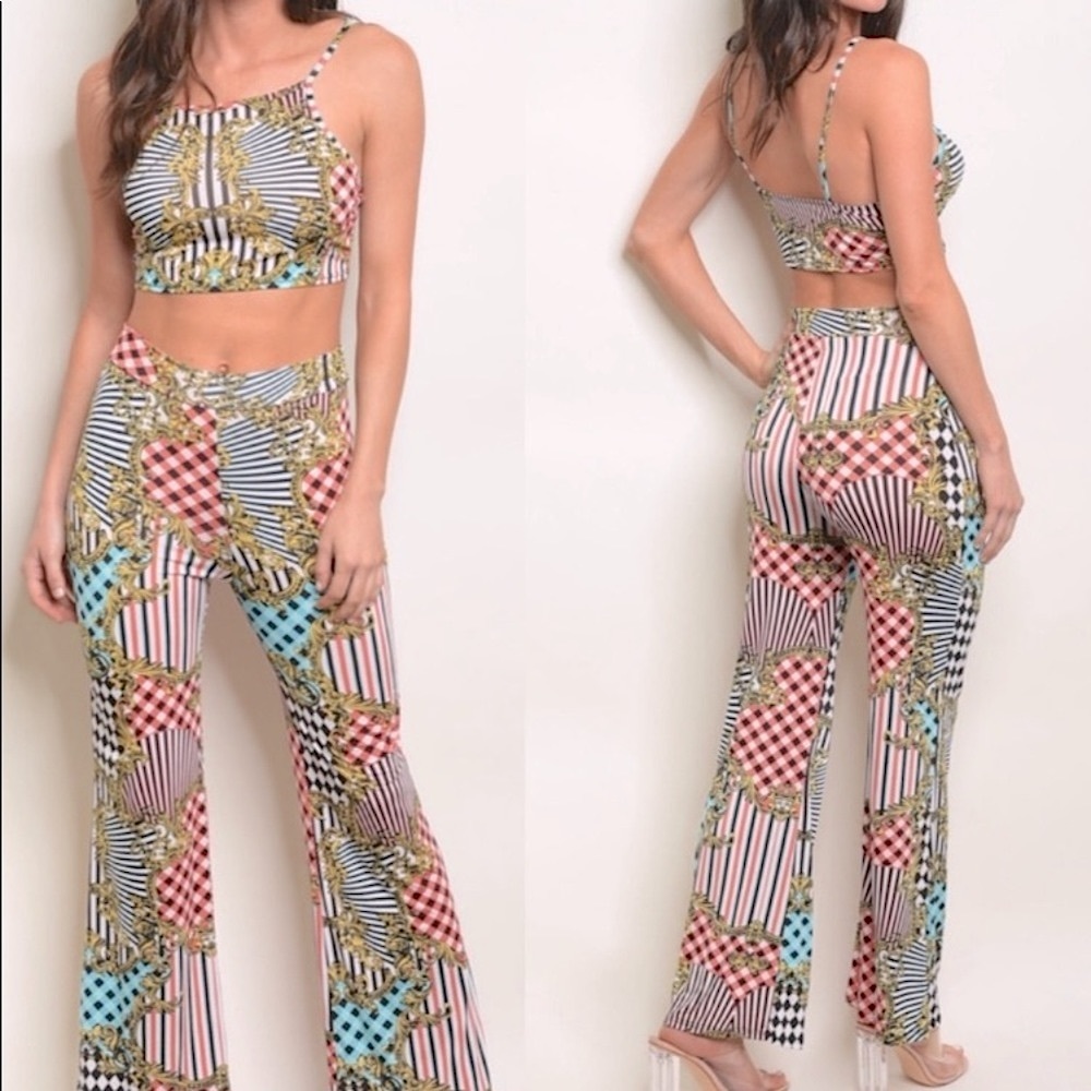 58. Coral Print Two Piece Top And Pants Set